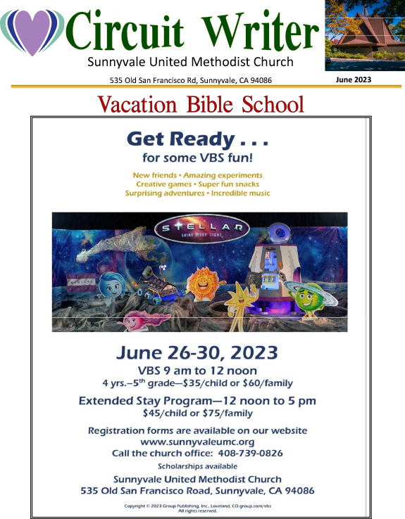 cover of the june newsletter featuring an image of the vacation bible school theme
