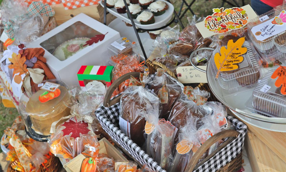 baked goods for sale with festive autumn and thanksgiving tags