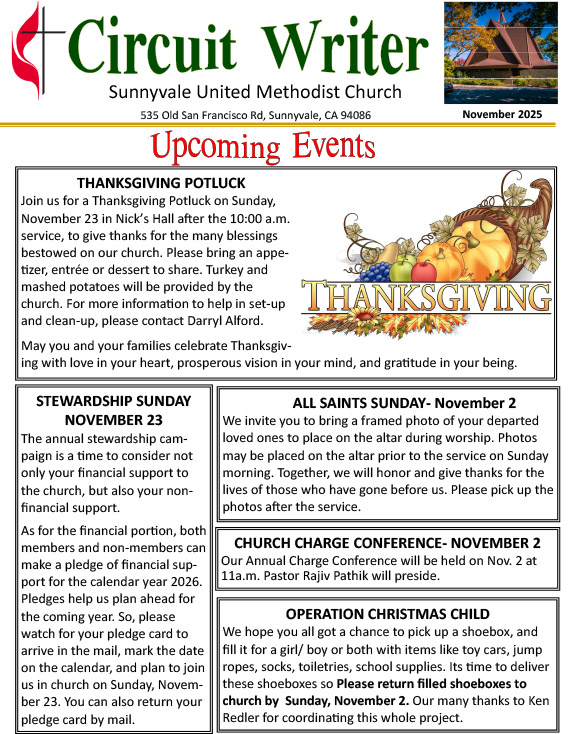 cover of the November 2025 newsletter featuring thanksgiving and stewardship sunday