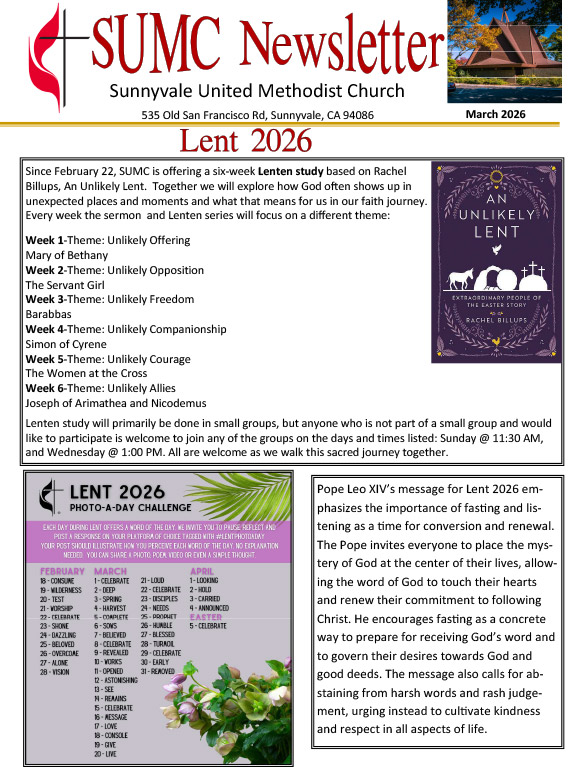 march-2026 cover of the March 2026 newsletter featuring Lenten study group and Lent photo challenge