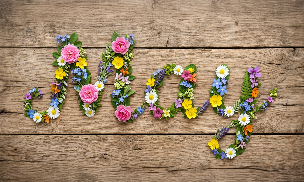 May written out in flowers on a wood background